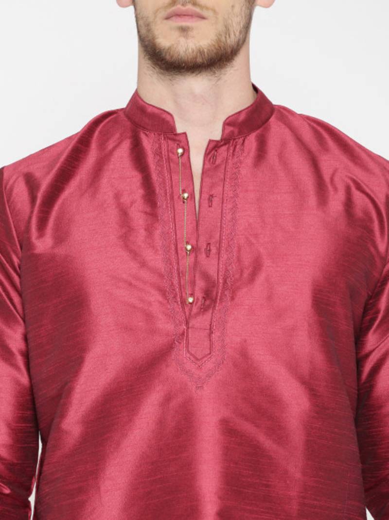 Red Poly Dupion Men Kurta