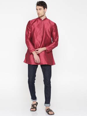 Red Poly Dupion Men Kurta 3