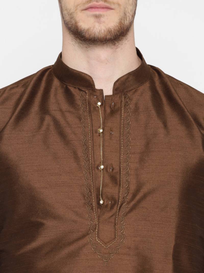 Brown Poly Dupion Men Kurta