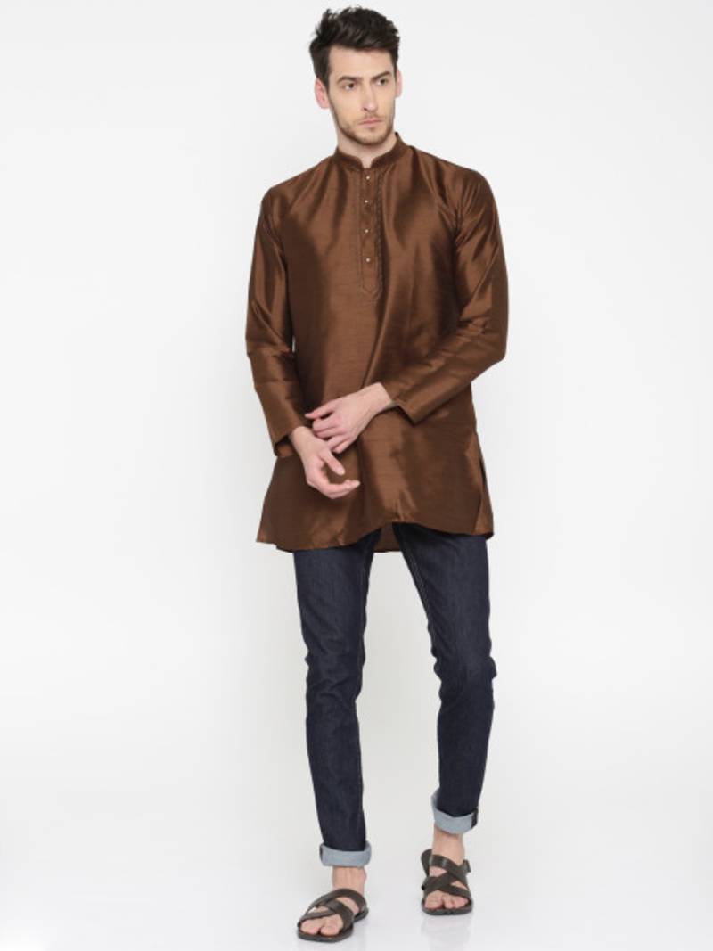 Brown Poly Dupion Men Kurta