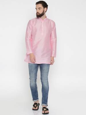 Baby Pink Poly Dupion Men Kurta 2