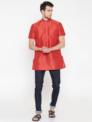 Red Poly Dupion Men Kurta 1