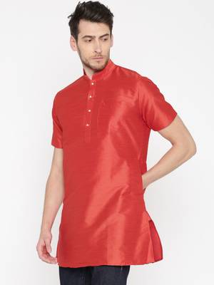Red Poly Dupion Men Kurta 3