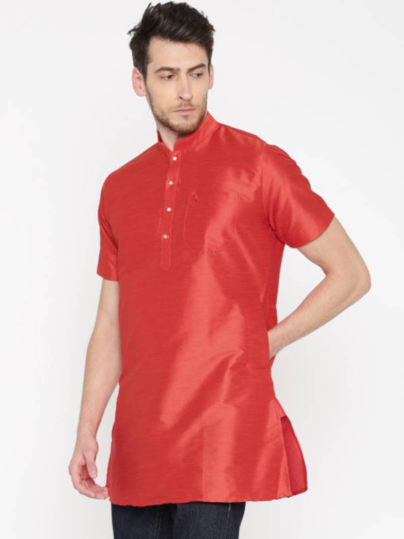 Red Poly Dupion Men Kurta