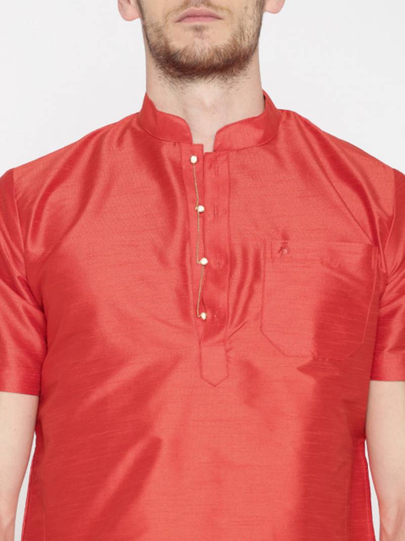 Red Poly Dupion Men Kurta