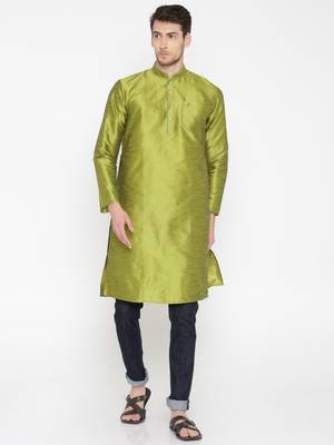 Parrot Green Poly Dupion Men Kurta 1