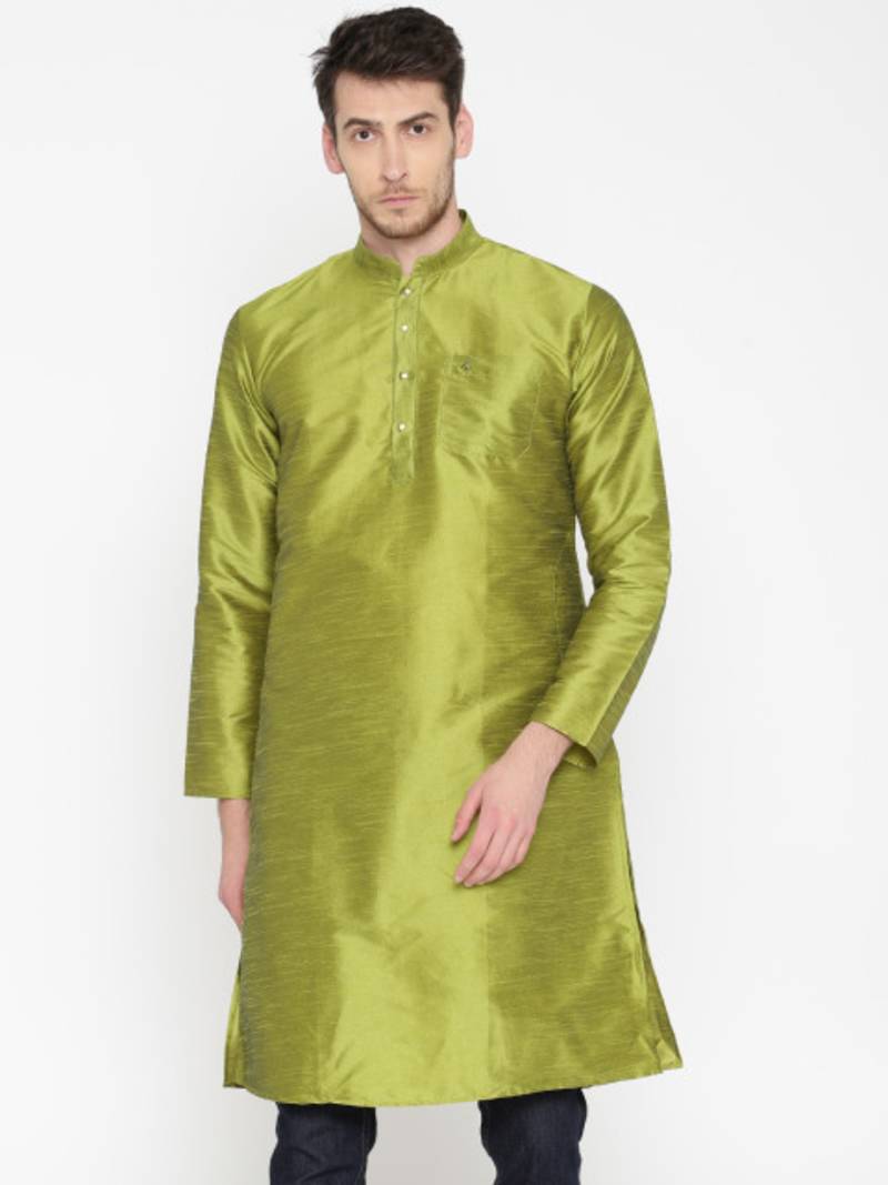 Parrot Green Poly Dupion Men Kurta
