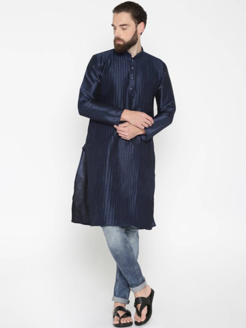 Navy Blue Poly Dupion Men Kurta