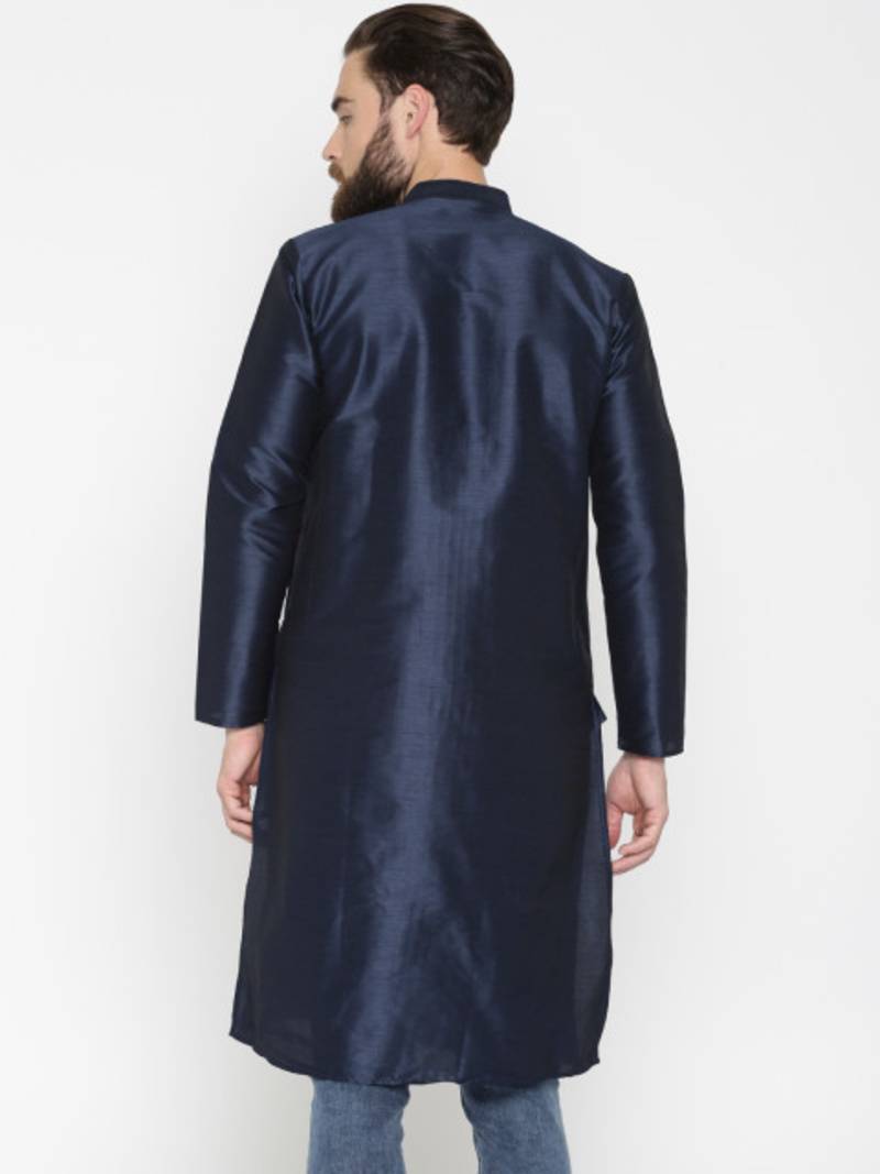 Navy Blue Poly Dupion Men Kurta