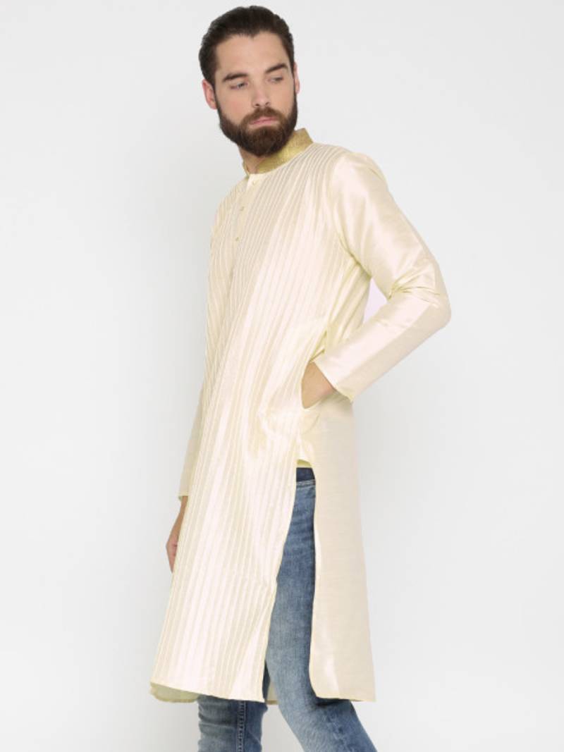 Cream Poly Dupion Men Kurta