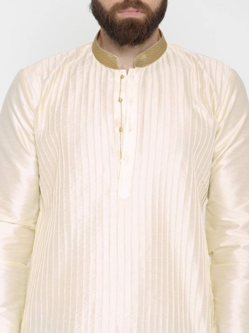 Cream Poly Dupion Men Kurta