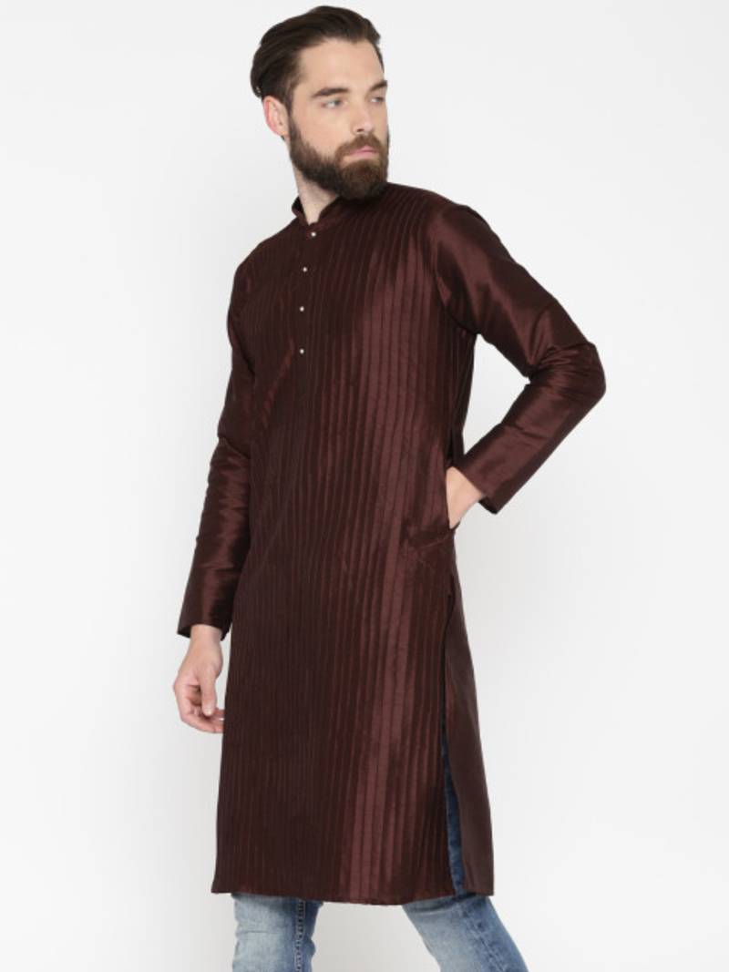 Brown Poly Dupion Men Kurta