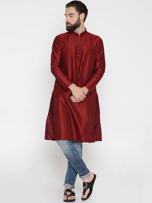 Red Poly Dupion Men Kurta 3