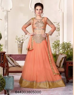 Peach embroidered crepe semi stitched salwar with dupatta 1