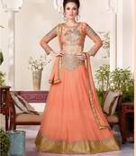 Peach embroidered crepe semi stitched salwar with dupatta