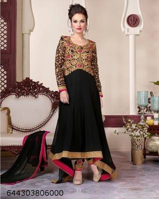 Black embroidered georgette semi stitched salwar with dupatta 1