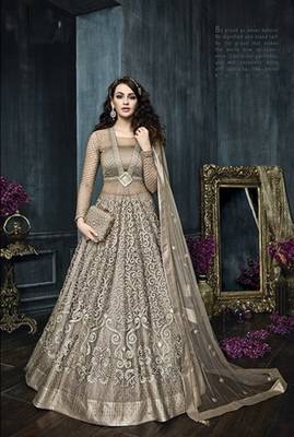Grey embroidered net semi stitched salwar with dupatta 1