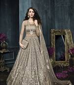 Grey embroidered net semi stitched salwar with dupatta