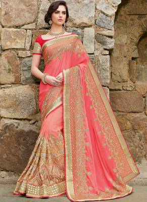 Peach embroidered Georgette Net  saree with blouse 1