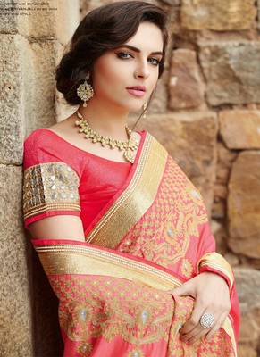 Peach embroidered Georgette Net  saree with blouse 2