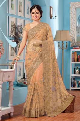 Beige embroidered Georgette Net  saree with blouse 1