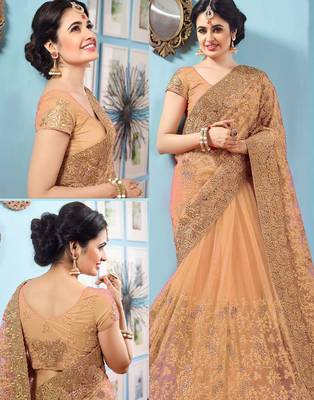 Beige embroidered Georgette Net  saree with blouse 3