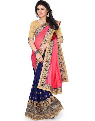 Navy blue embroidered georgette saree with blouse 1