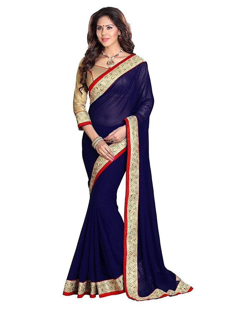 Navy blue embroidered georgette saree with blouse