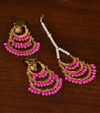 Gold Plated Beaded Danglers Earrings cum Maang Tikka Set 1
