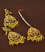 Gold Plated Beaded and Peepal Patti Danglers Earrings cum Maang Tikka Set 