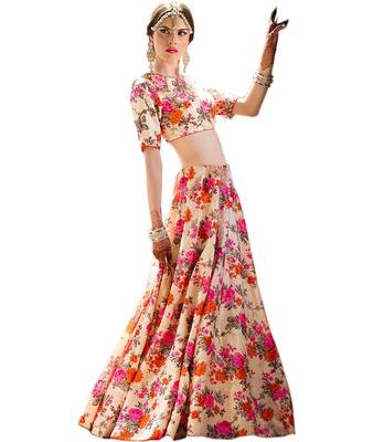 Multicolor Printed Satin Semi Stitched Lehenga 1