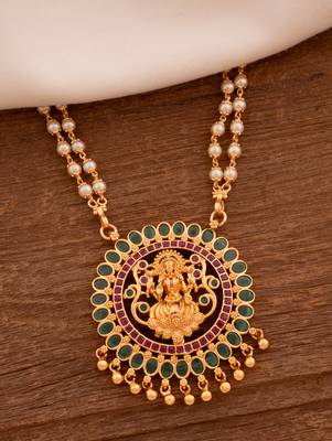 Off-white pearl double line necklace LONG with big Laxmi pendant one gram gold 1