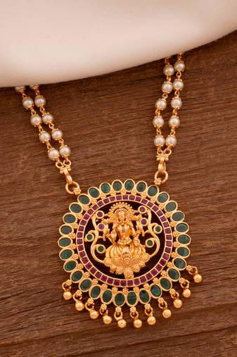 Off-white pearl double line necklace LONG with big Laxmi pendant one gram gold