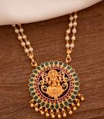 Off-white pearl double line necklace LONG with big Laxmi pendant one gram gold