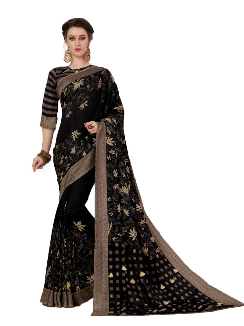Black printed raw silk saree with blouse