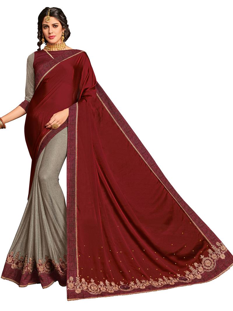 Maroon Embroidered Georgette Saree With Unstitched Blouse Piece main image 1
