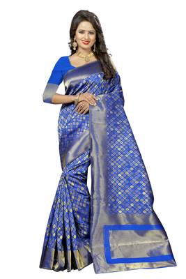 Blue woven kanchipuram art silk saree with blouse 1