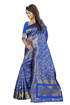 Blue woven kanchipuram art silk saree with blouse 3