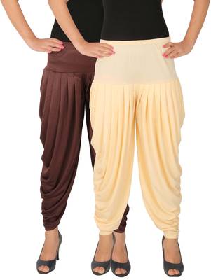 Brown and Cream plain Lycra free size combo patialas pants 1