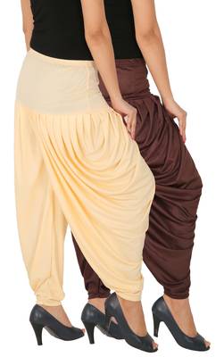 Brown and Cream plain Lycra free size combo patialas pants 2