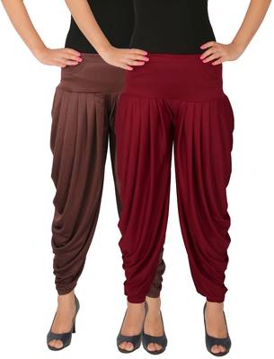 Brown and Maroon plain Lycra free size combo patialas pants 1