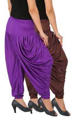 Brown and Violet plain Lycra free size combo patialas pants 2