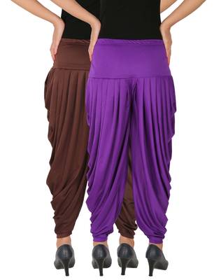 Brown and Violet plain Lycra free size combo patialas pants 3