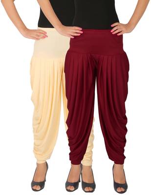 Cream and Maroon plain Lycra free size combo patialas pants 1