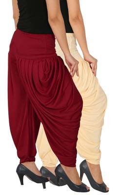 Cream and Maroon plain Lycra free size combo patialas pants 2