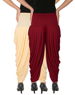 Cream and Maroon plain Lycra free size combo patialas pants 3