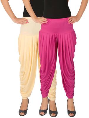 Cream and Magenta plain Lycra free size combo patialas pants 1