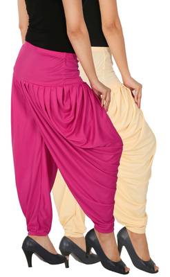Cream and Magenta plain Lycra free size combo patialas pants 2