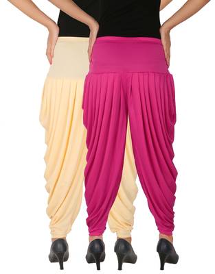 Cream and Magenta plain Lycra free size combo patialas pants 3