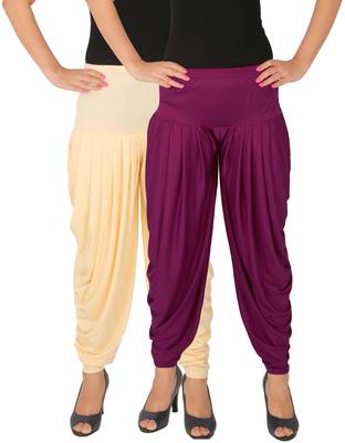 Cream and Purple plain Lycra free size combo patialas pants 1
